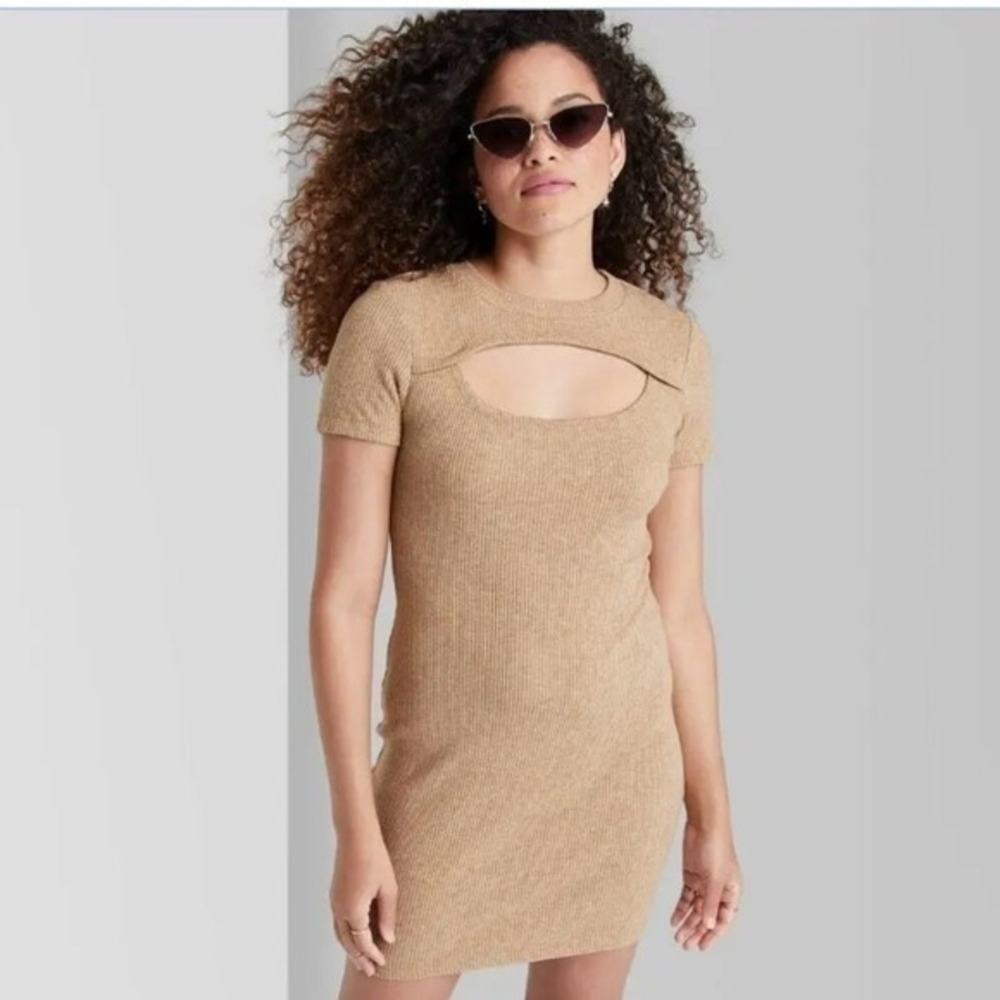 Wild Fable Tan Ribbed Cutout Short Sleeve Dress‎